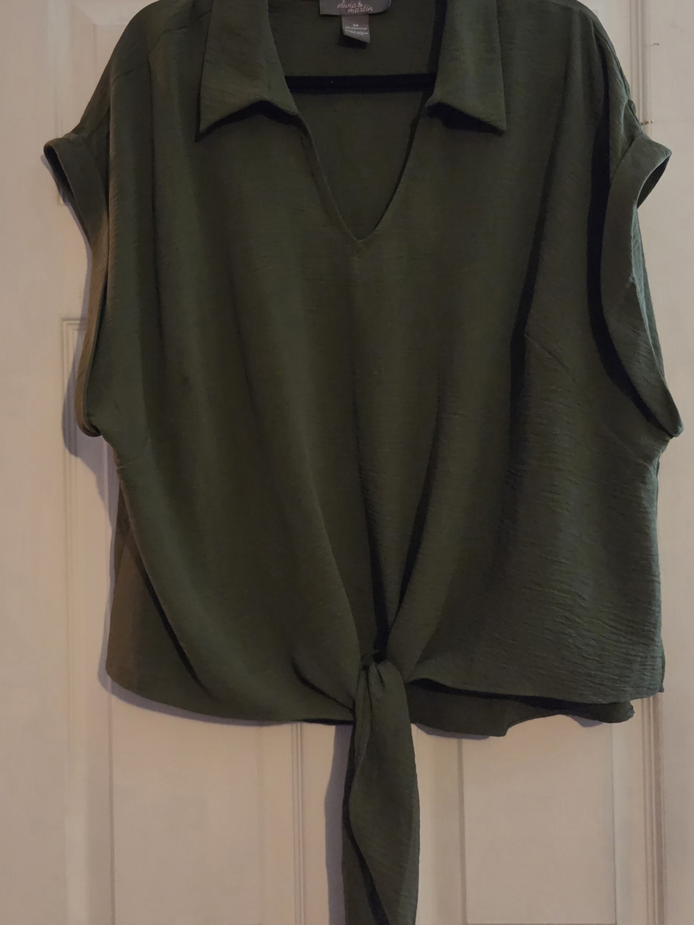 Sleeveless Olive Tie-Front Collared Blouse - Women's